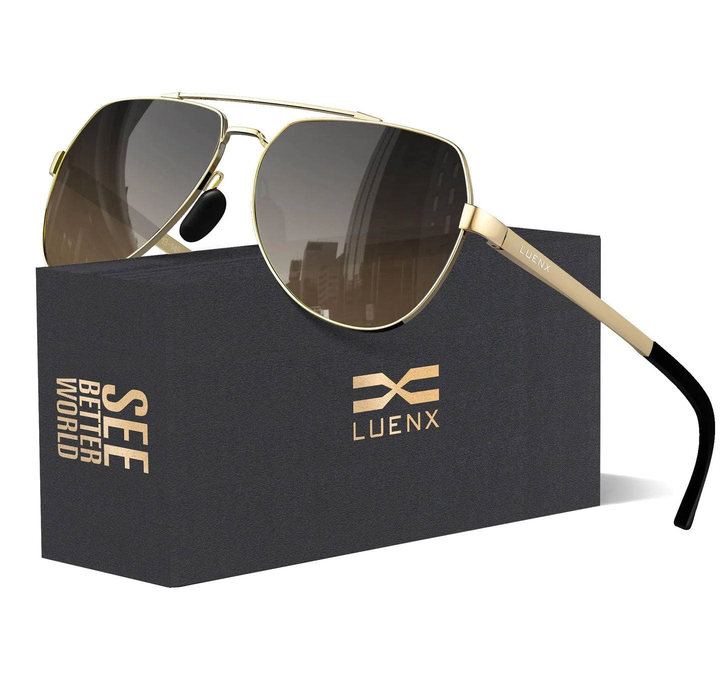 LUENX Men Women Aviator Sunglasses Polarized Women Shades Flexible Spring Hinge - Gradient Amber Lens Metal Frame 60mm