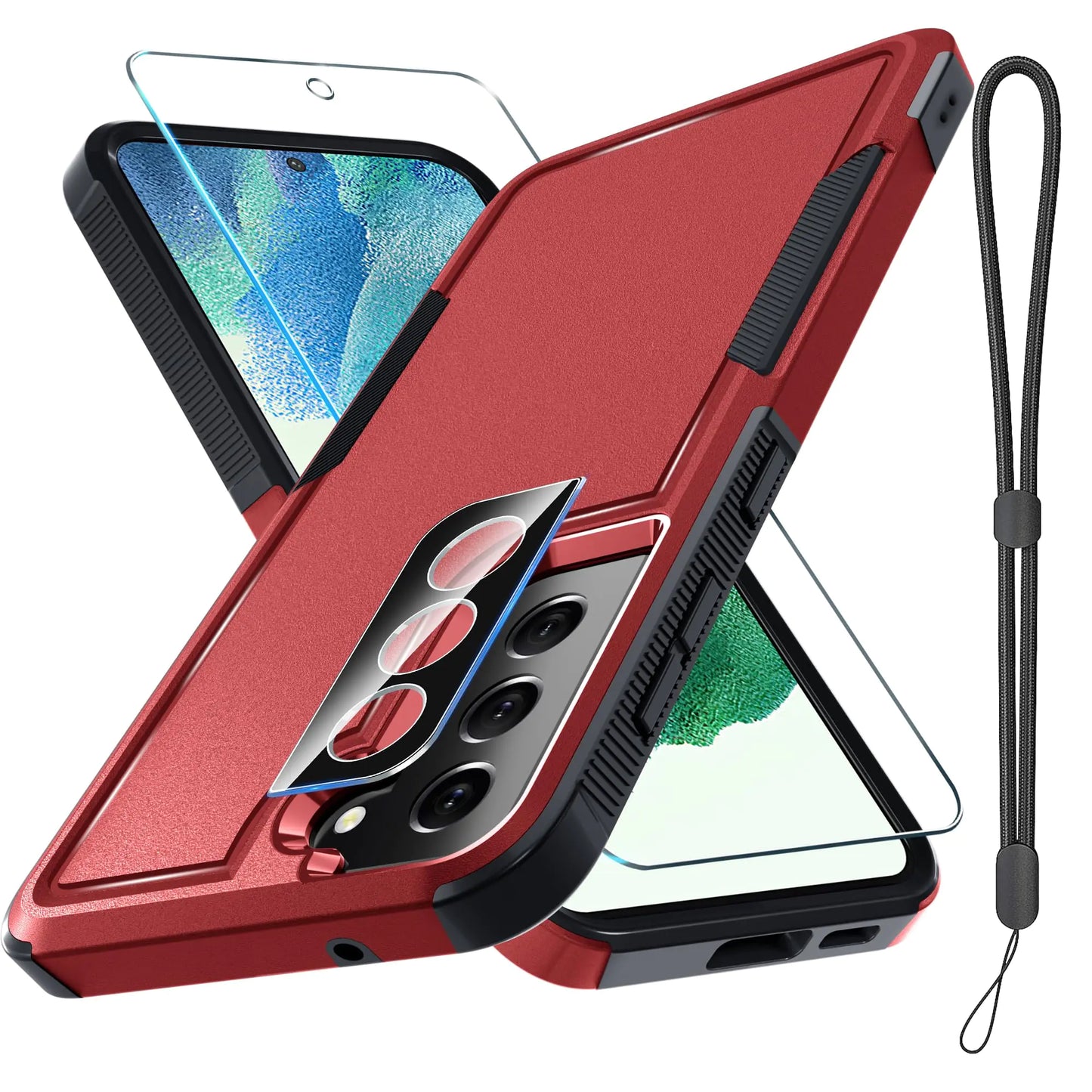 RMOCR Case for Samsung Galaxy S25 Ultra, Full Body Heavy Duty Rugged Shockproof Protective Phone Cover with Lanyard Strap, Tempered Glass Screen Protector and Camera Lens Cover, Black Matte