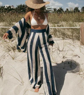 Vivi V-Neck Hollow Stripe Shirt & Wide-Leg Pants Set