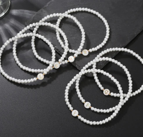 Dainty Faux Pearl Bead Initial Bracelet for Women