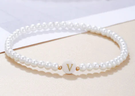 Dainty Faux Pearl Bead Initial Bracelet for Women