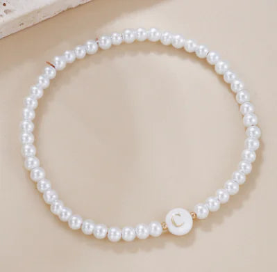 Dainty Faux Pearl Bead Initial Bracelet for Women