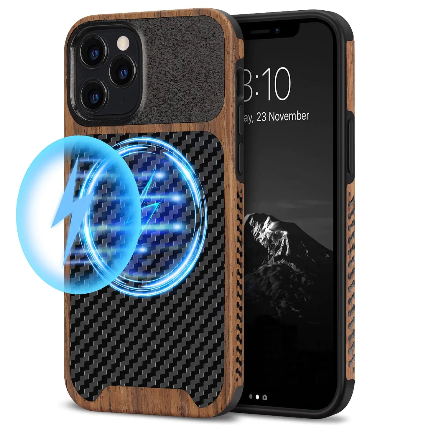 TENDLIN Compatible with iPhone 12 Case/iPhone 12 Pro Case Wood Grain with Carbon Fiber Texture Design Leather Hybrid Case Black