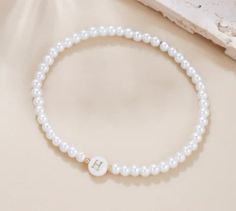 Dainty Faux Pearl Bead Initial Bracelet for Women