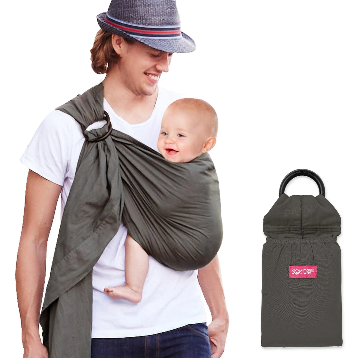 Mamaway Baby Ring Sling Carrier for Babies - Newborn and Toddler Sling (up to 154lbs) IHDI Certified 100% Cotton Made Soft & Breathable Nylon 66 Safety Rings Storage Pocket Design Grey