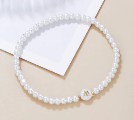 Dainty Faux Pearl Bead Initial Bracelet for Women