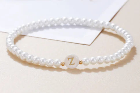 Dainty Faux Pearl Bead Initial Bracelet for Women