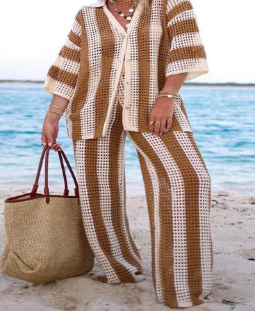 Vivi V-Neck Hollow Stripe Shirt & Wide-Leg Pants Set