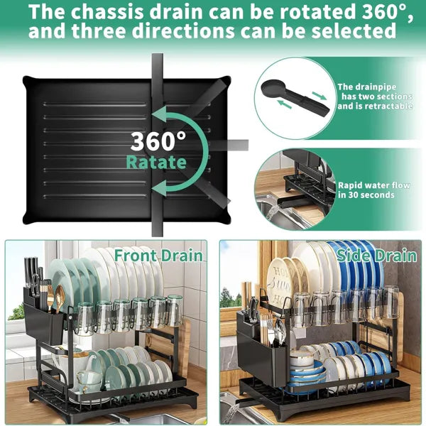 2-Tier Dish Rack with Drainboard & Utensil Holder