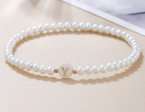 Dainty Faux Pearl Bead Initial Bracelet for Women