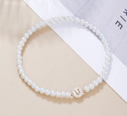 Dainty Faux Pearl Bead Initial Bracelet for Women